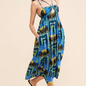 Anthropologie Joao Incerti Strappy Printed Cutout Midi Dress Blue Black Small S